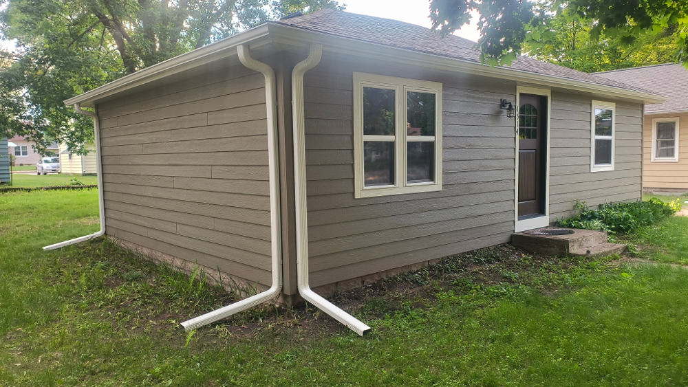 This gutter installation sends water to one side of the house.
